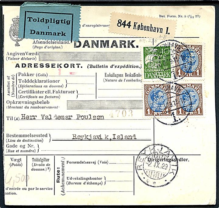 40 øre Karavel og 1 kr. Chr. X (3) med perfin S.&M. på internationalt adressekort fra firma Strøyer & Mørck A/S i København d. 26.8.1929 til Reykjavik, Island. 