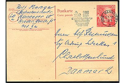 20 pfg. 1. Bundestag 1949 helsagsbrevkort fra Hannover d. 10.5.1950 til Charlottenlund.