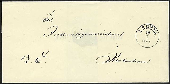 1861. Ufrankeret tjenestebrev med antiqua stempel Assens. d. 10.7.1861 til Kjøbenhavn.