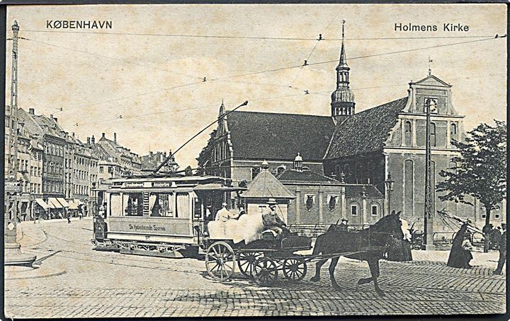 København. Sporvogn no. 517 ved Holmens Kirke. Peter Alstrups no. 9173. (Plettet). 