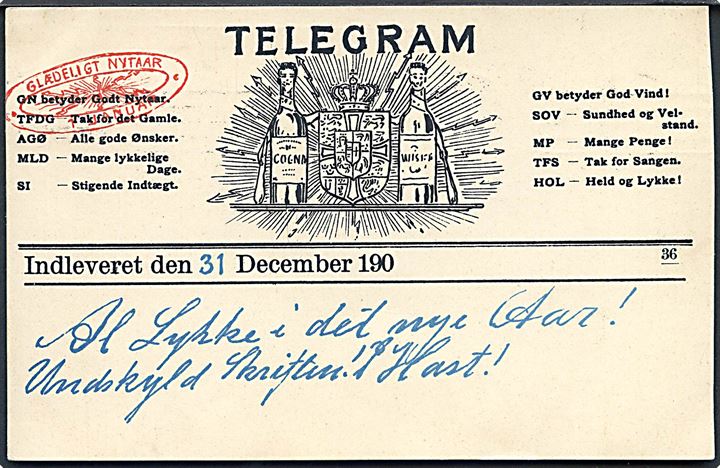 Glædeligt Nytaar. Telegram med Nytaarshilsner forkortelser. Stenders no. 36. 