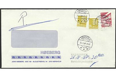 10 kr. Rigsvåben (2) og 2,80 kr. Europa på anbefalet rudekuvert ilagt postkasse fra Hørsholm d. 26.8.1987. Stemplet: Kassebrev, Hørsholm Postkontor.