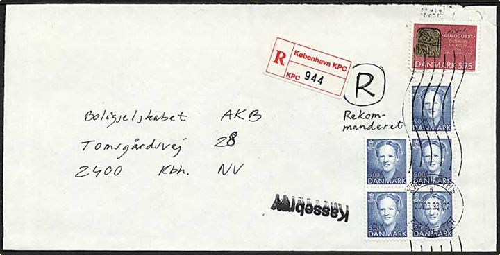 5 kr. Margrethe (5) og 3,75 kr. Danefæ på anbefalet brev fra Lyngby stemplet Københavns Postcenter d. 26.3.1993 til København. Stemplet Kassebrev.