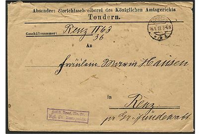Ufrankeret tjenestebrev stemplet Tondern **b d. 16.1.1919 til Renz pr. Gr. Jündewatt.