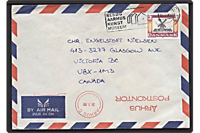 3 kr. Danske Møller på underfrankeret luftpostbrev fra Århus d. 31.11.1989 til Victoria, Canada. Postalt opfrankeret med 140 øre porthus frankostempel fra Århus C. d. 31.1.1989.