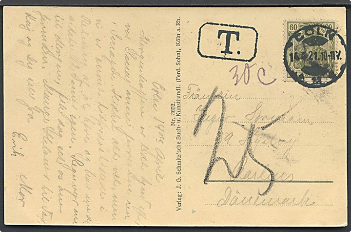 60 pfg. Germania på underfrankeret brevkort fra Cöln d. 14.4.1921 til Aarhus, Danmark. Udtakseret i 25 øre dansk porto.