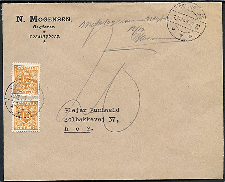 Ufrankeret lokalbrev i Vordingborg d. 12.12.1944. Udtakseret i porto med 10 øre Portomærke i parstykke stemplet Vordingborg 13.12.1944. Retur med påskrift Modtagelse nægtet.