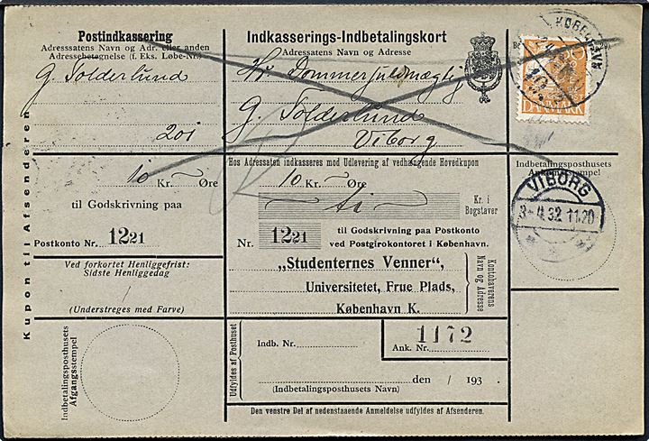 30 øre Karavel på retur Indkasserings-Indbetalingskort fra København d. 2.4.1932 til Viborg.