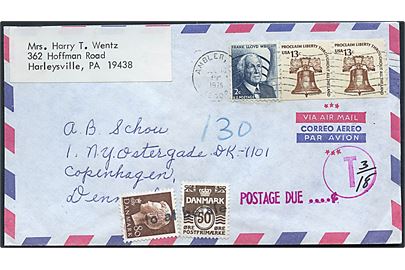 Amerikansk 28 cents frankeret luftpostbrev fra Ambler 1975 til København, Danmark. Udtakseret i porto med 50 øre Bølgelinie og 80 øre Margrethe stemplet Porto at betale.