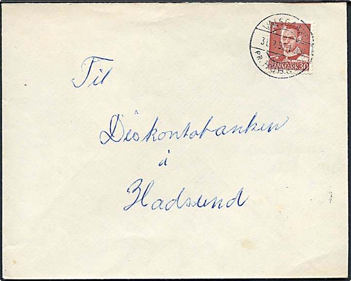 30 øre Fr. IX på brev annulleret med pr.-stempel Valsgaard pr. Hobro d. 31.7.1952 til Hadsund.