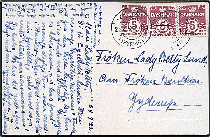 5 øre Bølgelinie på brevkort fra Køge annulleret med bureaustempel København - Nykøbing Fl. T.120 d. 24.7.1942 til Jyderup.