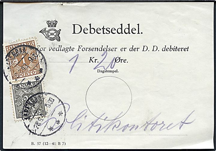20 øre og 1 kr. Portomærke annulleret med brotype IVd Aabenraa d. 28.9.1943 på debetseddel B. 57 12-41 B7) til Politikontoret.