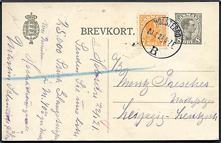 8 øre Chr. X helsagsbrevkort (fabr. 59-H) opfrankeret med 7 øre Chr. X annulleret brotype IIIb Holstebro B. d. 23.1.1921 til Leipzig, Tyskland.