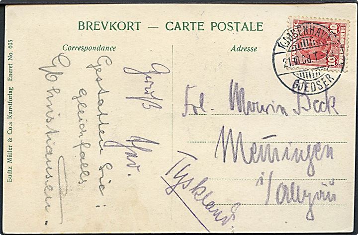 10 øre Fr. VIII på brevkort (Ny Carlsberg Glyptotek, Vinterhaven) annulleret med bureaustempel Kjøbenhavn - Gjedser T.73 d. 21.10.1908 til Memingen, Tyskland.