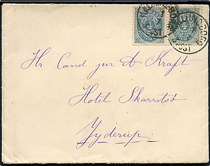 4 øre Tofarvet 48. tryk i parstykke på brev annulleret med lapidar Kallundborg d. 1.7.(1889) til Jyderup.