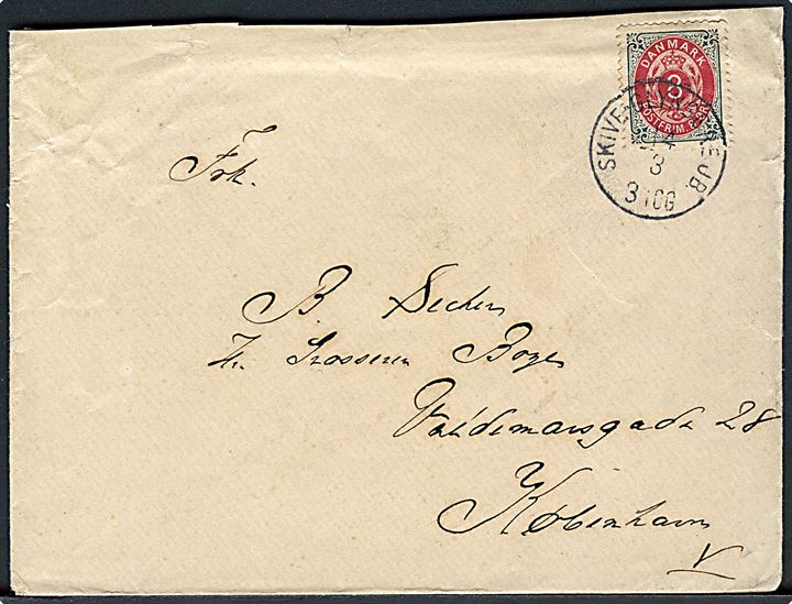 8 øre Tofarvet på brev annulleret med lapidar bureaustempel Skive - Glyngøre JB. d. 14.3.1898 til København.