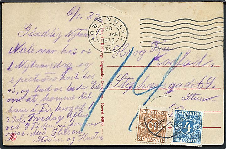 Ufrankeret lokalt brevkort i København d. 7.1.1932. Udtakseret i porto med 4 øre og 10 øre Portomærke stemplet København.