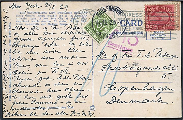 2 cents Washington på underfrankeret brevkort fra New York d. 31.5.1929 til København, Danmark. Udtakseret i porto med 10 øre Portomærke stemplet Kjøbenhavn - Valby d. 12.6.1929.