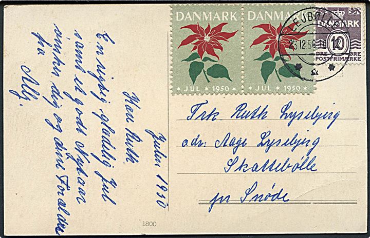 10 øre Bølgelinie og Julemærke 1950 i parstykke på julekort annulleret med brotype IIc Lejbølle d. 23.12.1950 til Snøde.