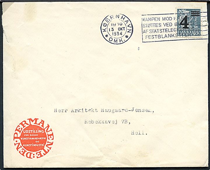 4/25 øre Provisorium på fortrykt kuvert fra Den Permanente sendt som lokal tryksag fra København d. 13.10.1934 til Hellerup.