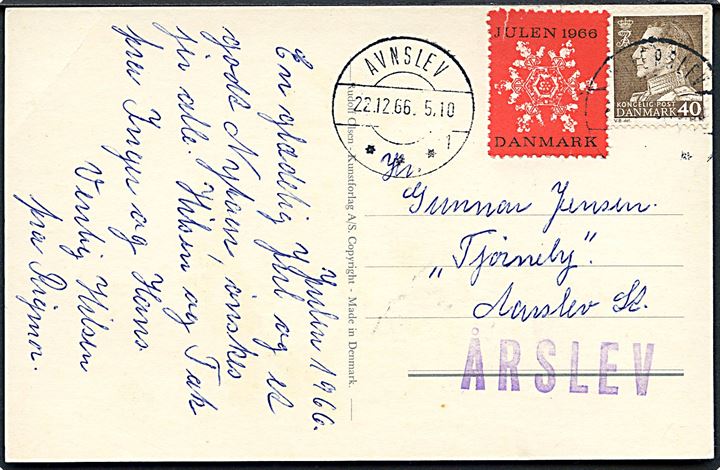 40 øre Fr. IX og Julemærke 1966 (rift) på brevkort med svagt stempel fra ...erslev til Aarslev. Fejlsendt til Avnslev med violet liniestempel ÅRSLEV.