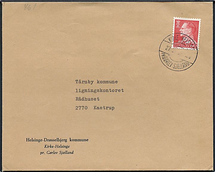 60 øre Fr. IX på brev fra Helsinge-Drøsselbjerg kommune annulleret med pr.stempel Kirke-Helsinge pr. Gørlev Sjælland ca. 1968 til Kastrup.