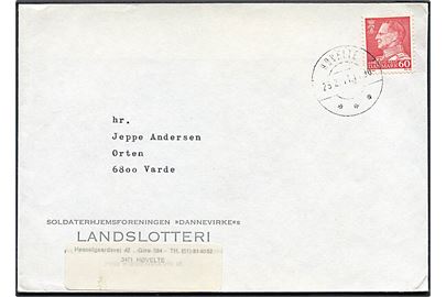 60 øre Fr. IX på brev fra Soldaterhjemforeningen Dannevirkes Landslotteri annulleret med brotype IId Høvelte d. 25.2.1971 til Varde. Sendt fra postekspedition på kasernen i Høvelte.