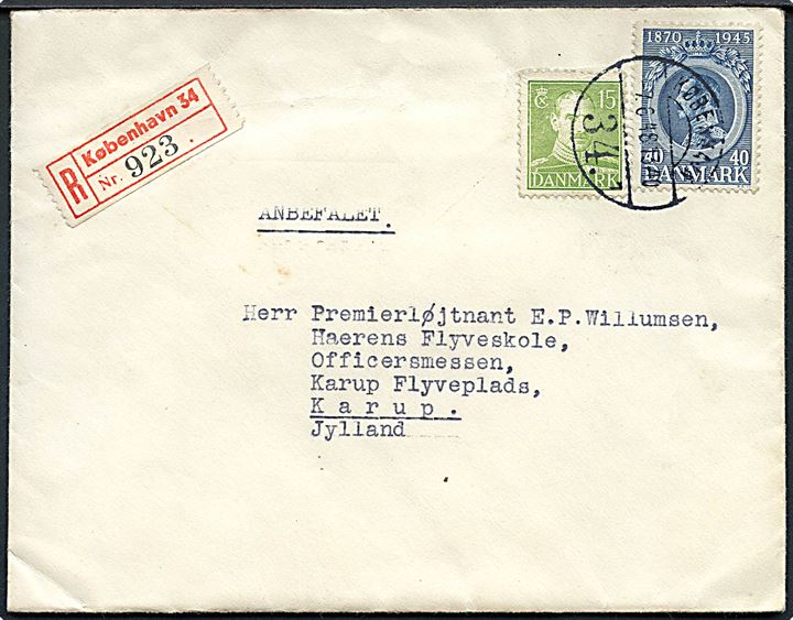 15 øre Chr. X og 40 øre Chr. X 75 år på anbefalet brev fra København d. 7.6.1948 til Hærens Flyveskole, Karup Flyveplads, Jylland.