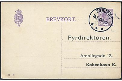 15 øre Chr. X helsagsbrevkort (fabr. 61-H) med fortrykt meddelelse fra Strandby Fyr stemplet brotype IIIb Esbjerg d. 16.7.1923 til Fyrdirektøren i København.