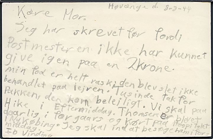 15 øre Chr. X helsagsbrevkort (fabr. 150) stemplet Øster-Ulslev d. 9.8.1944 til Rørvig - eftersendt til Charlottenlund. Sendt fra ung KFUM spejder fra Bregnegaard I Trops Lejr på Høvængegaard pr. Ø. Ulslev på Lolland.