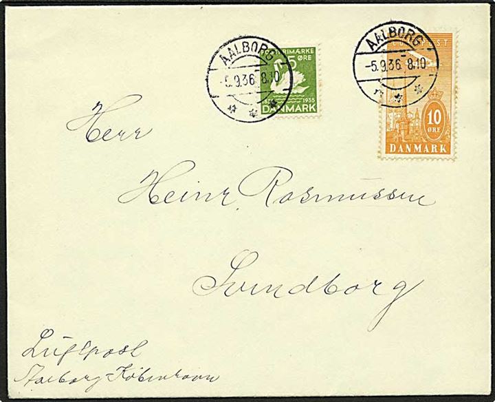 5 øre H.C.Andersen og 10 øre Luftpost på brev fra Aalborg d. 5.9.1936 til Svendborg. Påskrevet: Luftpost Aalborg-København.