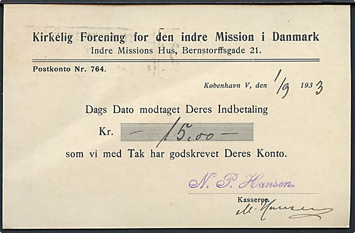 5 øre Bølgelinie med perfin I.M.D. på tryksag fra Kirkelig Forening for den indre Mission i Danmark i København d. 1.9.1933 til Erslev.