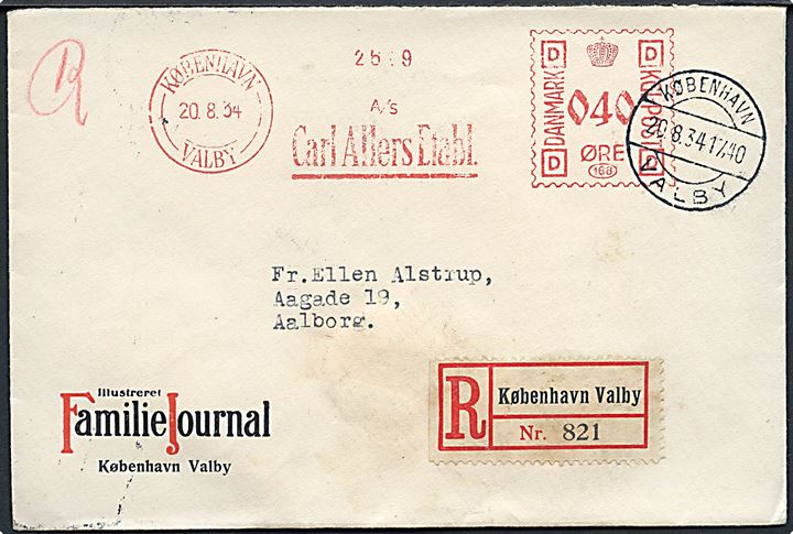 40 øre firmafranko på anbefalet brev fra A/S Carl Allers Etabl. i København Valby d. 20.8.1934 til Aalborg.