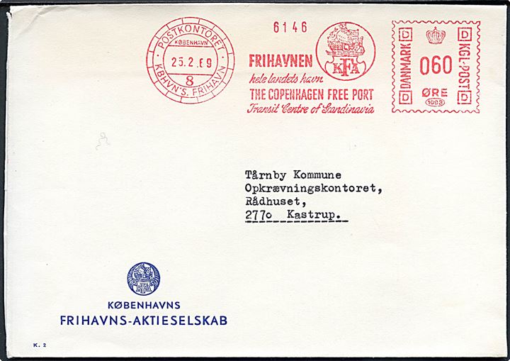 60 øre firmafranko fra KFA på brev fra Københavns Frihavn d. 25.2.1969 til Kastrup.