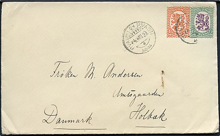 1 mk. og 1½ mk. Løve på brev fra Punkaharju annulleret med bureaustempel P. Vagn 24 d. 4.8.1929 til Holbæk, Danmark.