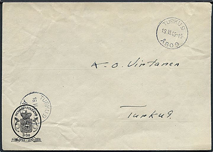 3,50 mk. helsagskuvert sendt lokalt i Turku d. 16.6.1945.