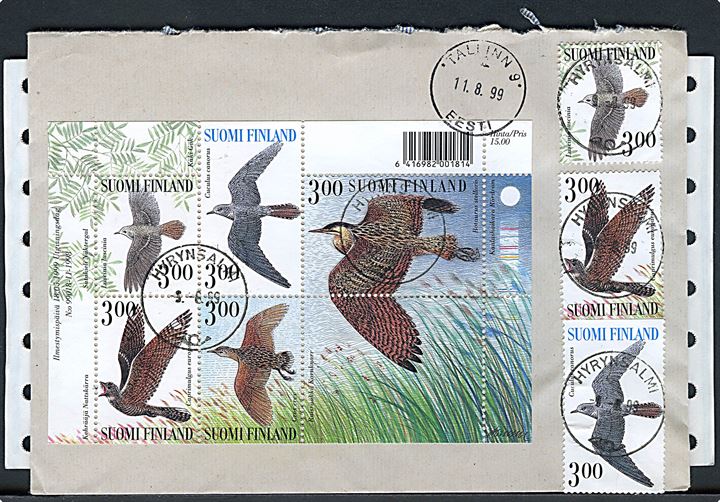 Fugle i Sommernatten i blok på anbefalet brev fra Hyvynsalmi d. 9.8.1999 til Tallinn, Estland.