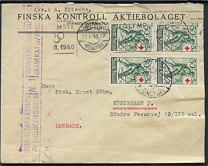 50+5 p. Røde Kors i fireblok på brev fra Helsingfors d. 31.1.1940 til København, Danmark. Finsk censur.