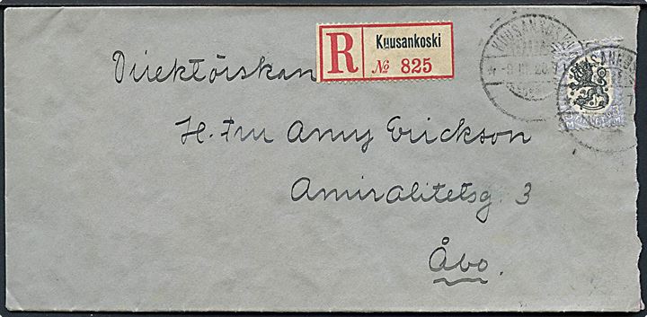 3 mk. Løve single på anbefalet brev fra Kuusankoski d. 9.3.1928 til Åbo.