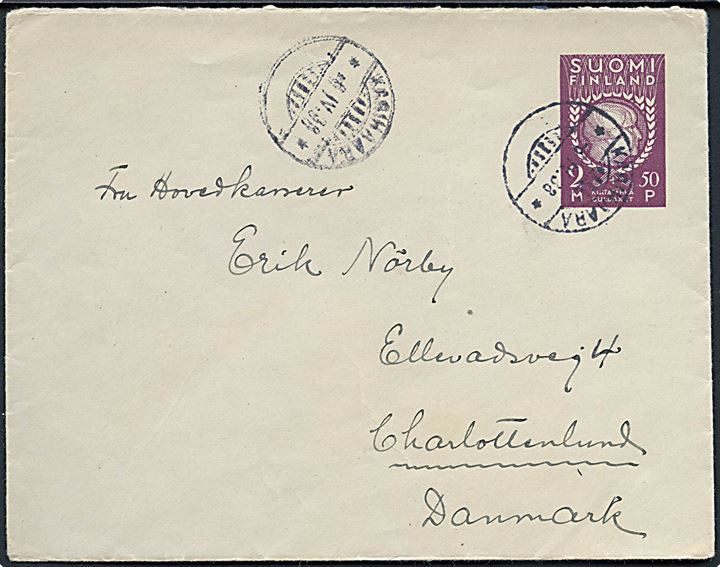 2 mk.+50 pen. Velgørenheds helsagskuvert fra Karihaara d. 6.4.1938 til Charlottenlund, Danmark.