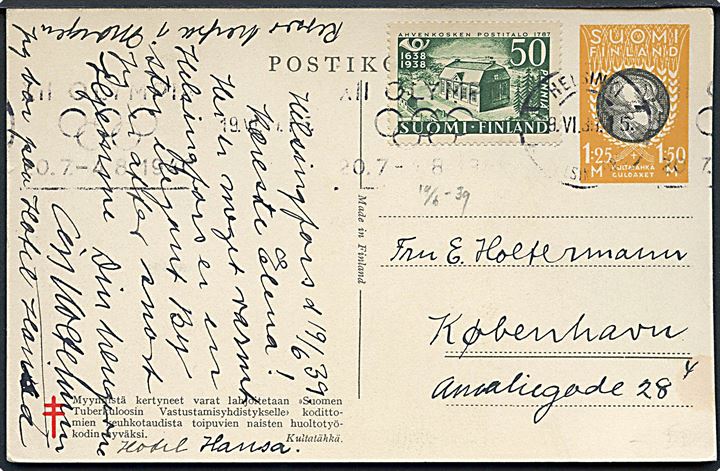 1,25 mk. + 1,50 mk. Velgørenheds helsagsbrevkort opfrankeret med 50 pen. Postjubilæum fra Helsingfors d. 19.6.1939 til København, Danmark.