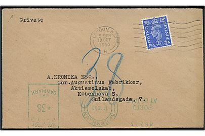 2½d George VI på underfrankeret brev fra London d. 13.10.1950 til København. Udtakseret i porto med 38 øre grønt portomaskinstempel.