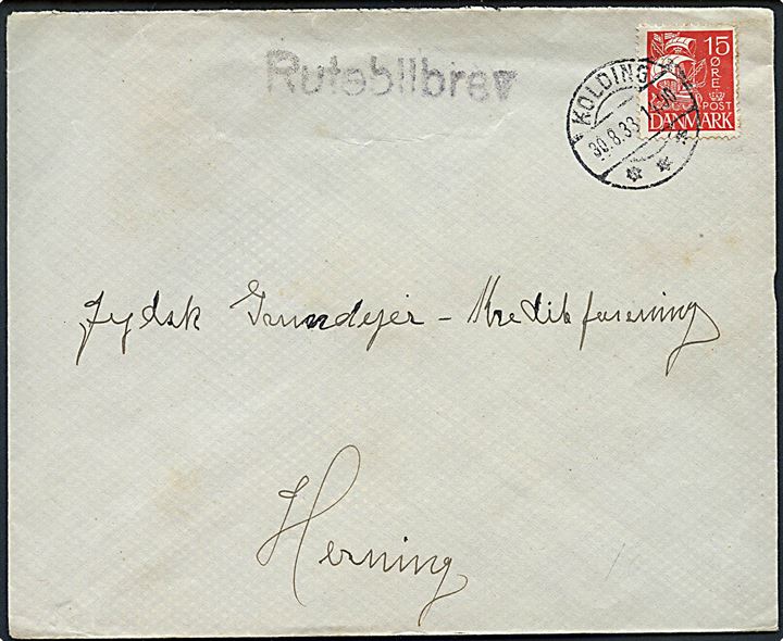 15 øre Karavel på brev fra Egtved annulleret Kolding d. 30.8.1933 og sidestemplet Rutebilbrev til Herning.
