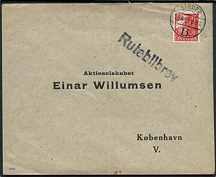 15 øre Karavel på brev annulleret Struer B. d. 15.6.1932 og sidestemplet Rutebilbrev til København.