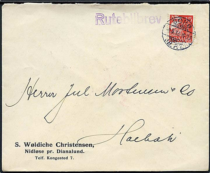 15 øre Karavel på brev fra Nidløse pr. Dianalund annulleret med brotype Ic Sorø JB.P.E. d. 9.6.1932 og sidestemplet Rutebilbrev til Holbæk.