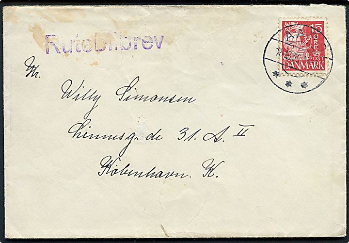 15 øre Karavel på brev fra Aars d. 18.12.1939 og sidestemplet Rutebilbrev til København.