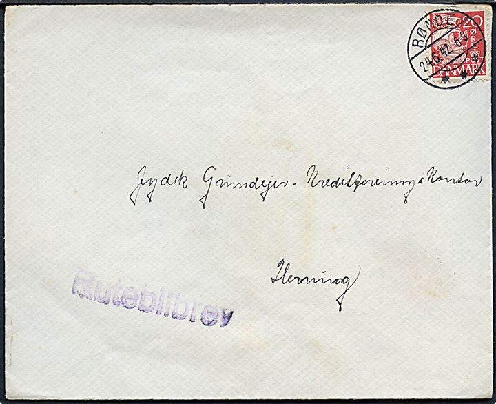 20 øre Karavel på brev stemplet Rønde d. 24.6.1942 og sidestemplet Rutebilbrev til Herning.