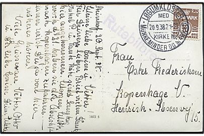 10 øre Bølgelinie på brevkort dateret Steinhof (Stengård) ved Abild annulleret med turiststempel i Løgumkloster d. 20.9.1938 og sidestemplet Rutebilbrev til København.