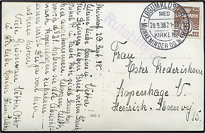 10 øre Bølgelinie på brevkort dateret Steinhof (Stengård) ved Abild annulleret med turiststempel i Løgumkloster d. 20.9.1938 og sidestemplet Rutebilbrev til København.