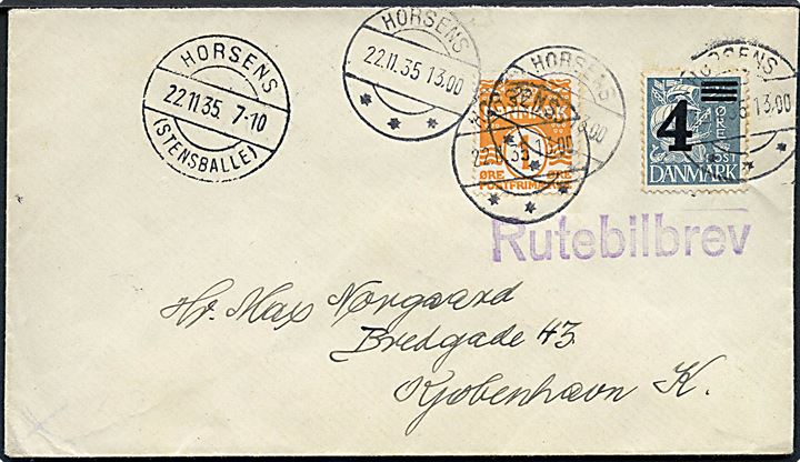 1 øre bogtryk Bølgelinie og 4/25 øre Provisorium på brev annulleret Horsens d. 22.11.1935 og sidestemplet brotype IIc Horsens (Stensballe) og Rutebilbrev til København.